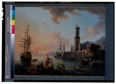夕暮れの地中海の港の漁師と花魁たち 作： Jean Baptiste Lallemand