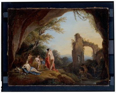 川の風景のニンフとサテュロス 遺跡のある風景のディアナとアクタイオン 作： Jean Baptiste Lallemand
