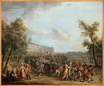 アンヴァリッドでの武器の略奪、パリの人々は、7 月 13 日にガルド ムーブルを所有した後、1789 年 7 月 14 日にアンヴァリッドに侵入し、4 丁の銃と 34,000 丁の銃を手に入れました。ジャン バティスト ラルマン (1716-1803) の絵画 . 写真、キム・ヨンタ 作： Jean Baptiste Lallemand