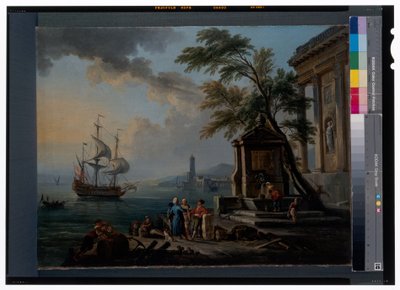 日の出の地中海の港のトルコ商人たち 作： Jean Baptiste Lallemand