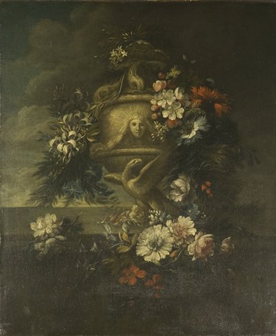 彫刻された花瓶の花（キャンバスに油彩） 作： Jean Baptiste Monnoyer