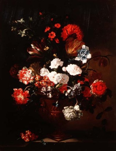 カーネーション、チューリップ、シャクヤクなどの花の静物画 作： Jean Baptiste Monnoyer