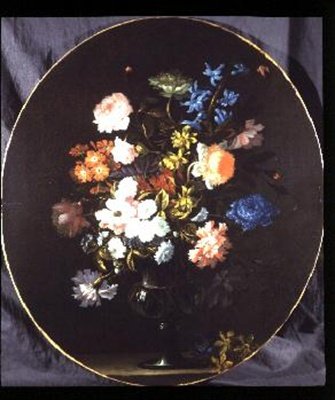 薔薇、カーネーション、ヒヤシンスなどの花の静物画（ガラス製花瓶）（楕円形 作： Jean Baptiste Monnoyer