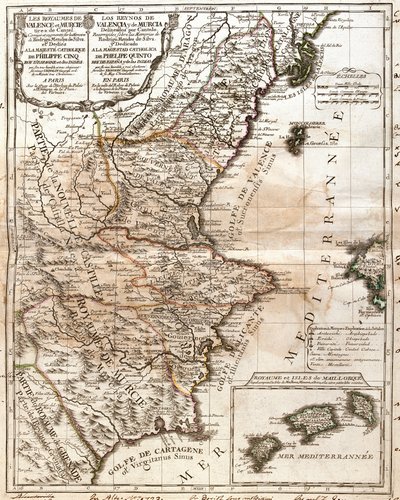 バレンシア・ムルシア王国（スペイン）の地図（エングレービング 作： Jean Baptiste Nolin