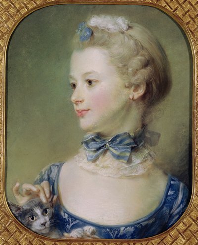 猫と少女（羊皮紙にパステル） 作： Jean Baptiste Perronneau