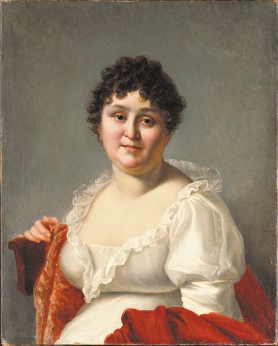 白いドレスと柿のショール（キャンバスに油彩）を着たバスト丈のマダム・レグノーの肖像画 作： Jean Baptiste Regnault