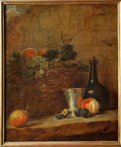 フルーツバスケットにブドウ、銀のゴブレットとボトル、桃... 作： Jean-Baptiste Simeon Chardin