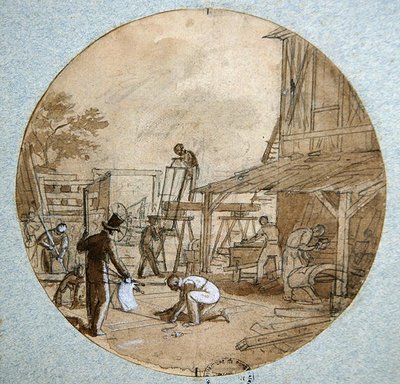 大工の仕事場」サービス用プレートデザイン 1820-35年頃（紙にペン・インク、ウォッシュ、グワッシュ） 作： Jean Charles Develly