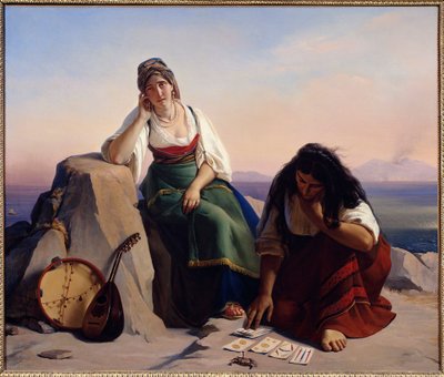 イスキア島の少女にカードを引く魔術師、または占い師。クロード・ボンヌフォン（1796-1860）の作品 作： Jean Claude Bonnefond