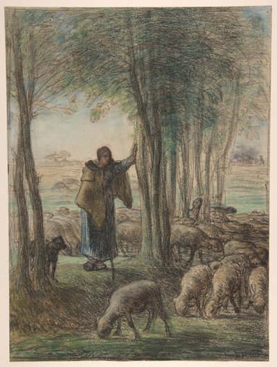 木陰の羊飼いの娘とその羊の群れ 作： Jean-Francois Millet