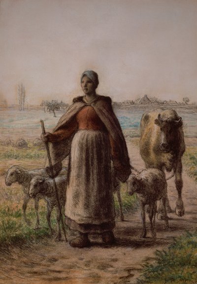 牛と羊を連れて畑に行く農民 作： Jean Francois Millet
