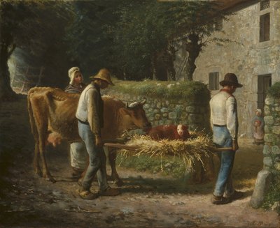 1864年、畑で生まれた子牛を家に戻す農民 作： Jean Francois Millet