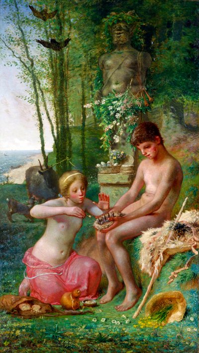 「春とダフニスとクロエ」（春（ダフニスとクロエ）） ジャン=フランソワ（ジャン・フランソワ）ミレー画（1814-1875） - 1865 - キャンバスに油彩 薄暗い 235.5x135 cm 国立西洋美術館、東京 作： Jean Francois Millet