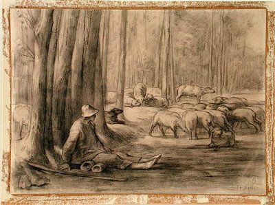森の中の酒場（紙に黒チョーク） 作： Jean Francois Millet