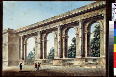 アーチ型ギャラリーの眺め。 Jean Francois Thomas de Thomon (1754-1813) の絵画。 紙に水彩、インク、38.4 x 52.8 cm 作： Jean François Thomas de Thomon