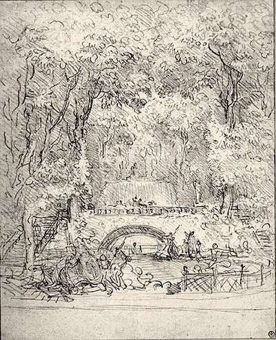 庭のカスケード（紙にチョーク） 作： Jean Honore Fragonard