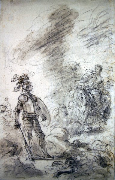 アルチェステに会いに行くリディア（紙にペン、インク、チョーク、ウォッシュ） 作： Jean Honore Fragonard
