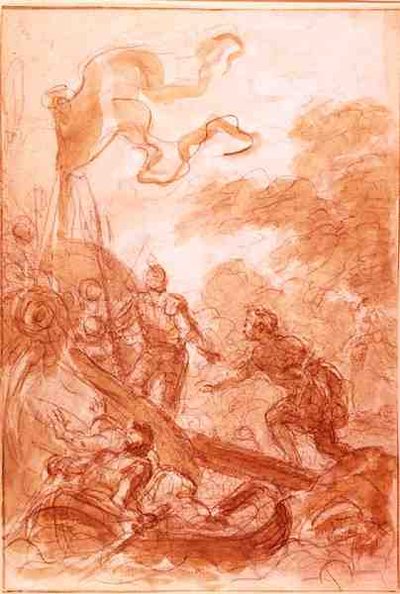 島を離れるオーランド（紙にチョークとウォッシュで描く） 作： Jean Honore Fragonard