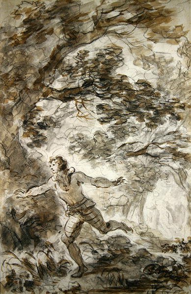 見えなくなったアンジェリカを探すルッジェーロ（紙にペン＆インク、チョーク＆ウォッシュ） 作： Jean Honore Fragonard