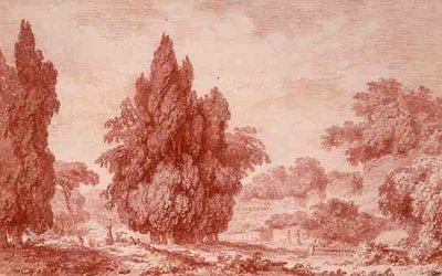 公園の風景（紙に赤チョーク） 作： Jean Honore Fragonard