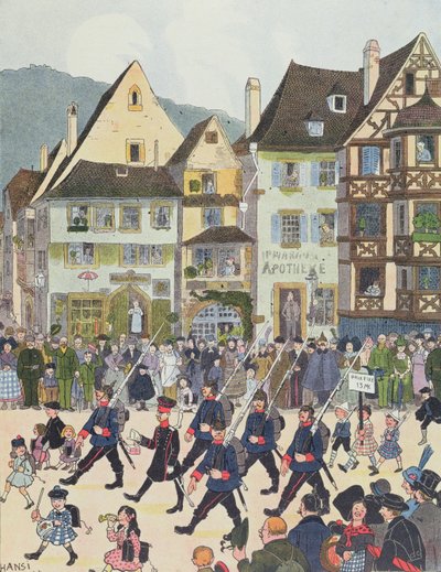 1913年にチョコレートを買った後、サヴェルヌを兵士たちと一緒に去るフォースナー氏、「アルザスの歴史」のイラスト 作： Jean Jacques Waltz