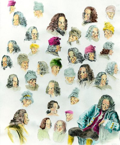 作家フランソワ・マリー・アルエ・ド・ヴォルテール（1694-1778）のさまざまな表情や髪型を、ジャン・ユベール（1721-1786）の絵画を参考にして作成した18世紀の作品。 作： Jean (after) Huber