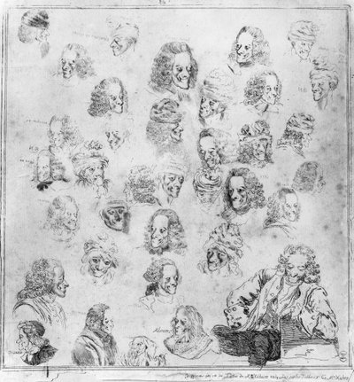 30人のヴォルテールの頭の中にある異なる曲。フランソワ・マリー・アルエ（Francois Marie Arouet, dit Voltaire, 1694-1778）のポートレート「ヴォルテールの異なる人相」。ジャン・ユベール（1721-1786）の後、ドミニク・ヴィヴァン・ドノン（Vivant Denon）（1747-1825）に帰属する強い水。Musee C 作： Jean (after) Huber