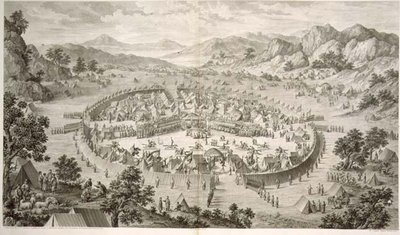 Tchao-Hoei Occupies his Troops with Exercises and Military Games in 1758, プレート5, Pierre Philippe Choffard (1730-1809) 1772年に中国の皇帝である乾隆帝の征服を表す一連の版画の中の一枚。 作： Jean (d.1781) (after) Damascene