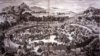 Tchao-Hoei in his Camp below the Wall of Yerechim Receives the Homage of the Inhabitants of the Town and Province in July 1759, プレート4, Pierre Philippe Choが彫刻した中国の乾隆帝の征服を表す版画シリーズより 作： Jean (d.1781) (after) Damascene