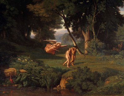 アダムとイブ Chasse du Paradis アシール・ベヌーヴィル（1815-1891）の絵画 1841年 日1,45x1,46 m ブザンソン、ボザール美術館 作： Jean Achille Benouville