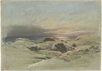 岩の多い海岸線からの夕日 作： Jean Achille Benouville