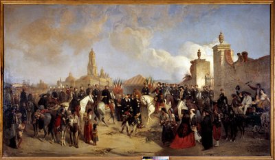メキシコ遠征（1861-1867）の様子。"10/06/1863にメキシコシティにフランス遠征軍が入り、フォレイ将軍がプレフェット・アズカルテから街の鍵を受け取る" ジャン・アドルフ・ボーセ（1818-1875）の絵画 1868年 日。2,15x3,75 m . 作： Jean Adolphe Beauce