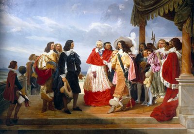 ローマから到着したフランス人画家ニコラ・プッサンが、リシュリュー枢機卿からフランス王ルイ13世に献上される（詳細 作： Jean Alaux