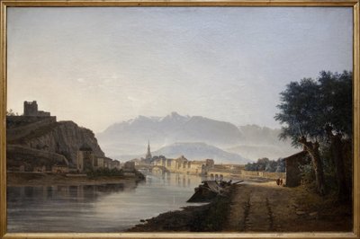 ケ・ド・ラ・グライユから撮影したグルノーブルの眺め、ジャン・アシャール (1807-1884) による油絵、1837 年作。写真、KIM Youngtae、グルノーブル、グルノーブル美術館。 作： Jean Alexis Achard