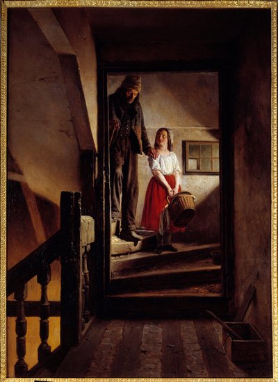 老いの杖 階段を降りる老人を助ける少女。ジャン・アルフォンス・ローエン（1799-1864）の絵画 1852年 ルーアン、ボザール美術館 作： Jean Alphonse Roehn
