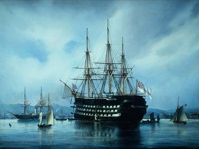 イギリスの軍艦が港の沖合に停泊している様子 作： Jean Altamura