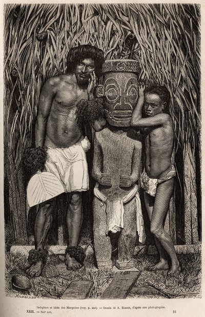 マルケサス諸島のヒバ・オア（Hiva Oa）島の住民とその息子が、ティキ神を描いた木彫りの偶像を取り囲んでいる。1872年から1874年にかけて、太平洋の記憶を描いたA.Rixensの図面に基づいて彫られたものである。 作： Jean Andre Rixens