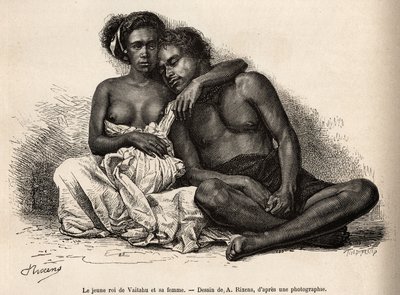 マルキーズ諸島のタウアタ島にあるヴァイタツの若い王が、妻の腕を囲んでいる。1872年から1874年にかけて、船員のA.Pailhesが太平洋の記憶を描いたA.Rixensの絵の後に彫られている。 作： Jean Andre Rixens