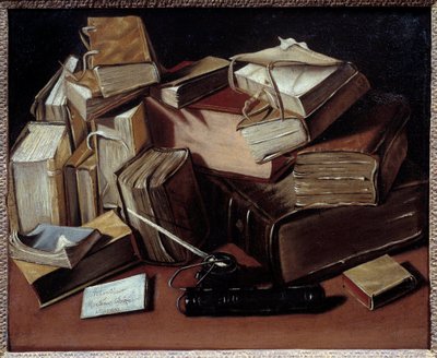 ジャン・アンドレアス・ビセット (1672-ca. 1710) による本画のある静物画。 Bourg en Bresse、Musee de Breu - 本のある静物。 Jean Andreas Biset (1672-ca.1710) による絵画。 ブリュ美術館、ブール・アン・ブレス、フランス 作： Jean Andreas Biset