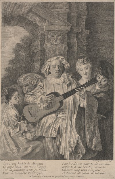 メゼティンの衣装で、アンリ・シモン・トーマスシンによって作られたプリントc.1717-1726（エッチング） 作： Jean Antoine (after) Watteau