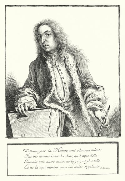 フランスの芸術家アントワーヌ・ワトーの自画像（エングレービング 作： Jean Antoine (after) Watteau
