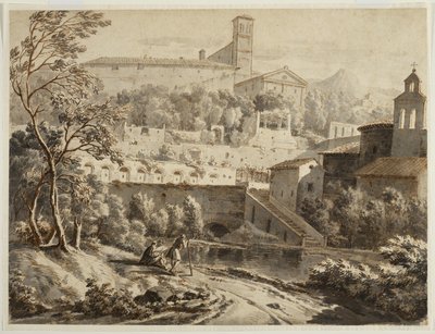 イタリアの町の下の川岸に沿ったアーティストのスケッチ、c.1780（敷き紙にインクとウォッシュ、黒いチョークの跡） 作： Jean Antoine Constantin