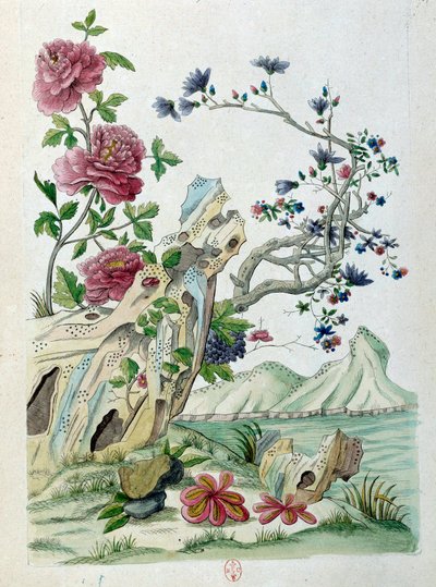 中国の花瓶からのドローイング：風景の中の花。ジャン・アントワーヌ・フレイズの絵画（18世紀 作： Jean Antoine Fraisse