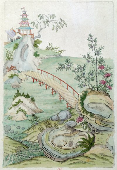 中国の花瓶からのドローイング：橋のある風景。ジャン・アントワーヌ・フレイズの絵画（18世紀 作： Jean Antoine Fraisse
