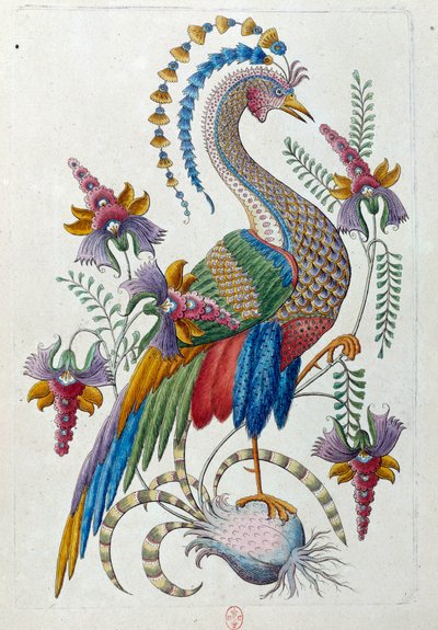 幻想的な鳥。ドローイングは中国の花瓶から。ジャン・アントワーヌ・フレイズ（18世紀）の絵画 作： Jean Antoine Fraisse