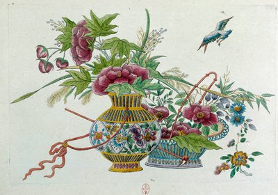 花瓶の中の花。ドローイングは中国の花瓶から。ジャン・アントワーヌ・フレイズの絵画（18世紀 作： Jean Antoine Fraisse