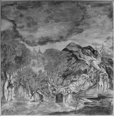 Les Cordeliersの洞窟の近くで1793年にマラトの死体を通り過ぎた人々（紙と鉛筆） 作： Jean Antoine Laurent