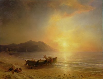 夕暮れ時にボートを進水させるアラブの漁師のいる海岸の風景 作： Jean Antoine Theodore Gudin