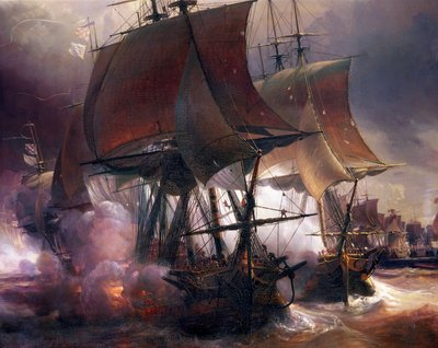 7月27日、フランス艦隊とイギリス艦隊によるウサントの海戦 作： Jean Antoine Theodore Gudin