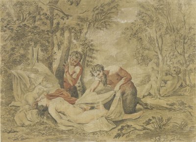 眠っているニンフをスパイする 2 人のサテュロス 作： Jean Antoine Watteau (rejected attribution)